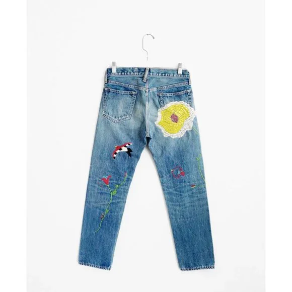 Kapital Japan Stonewash Denim Floral Bird Embroidered Jeans 28 est 25 - Picture 2 of 15